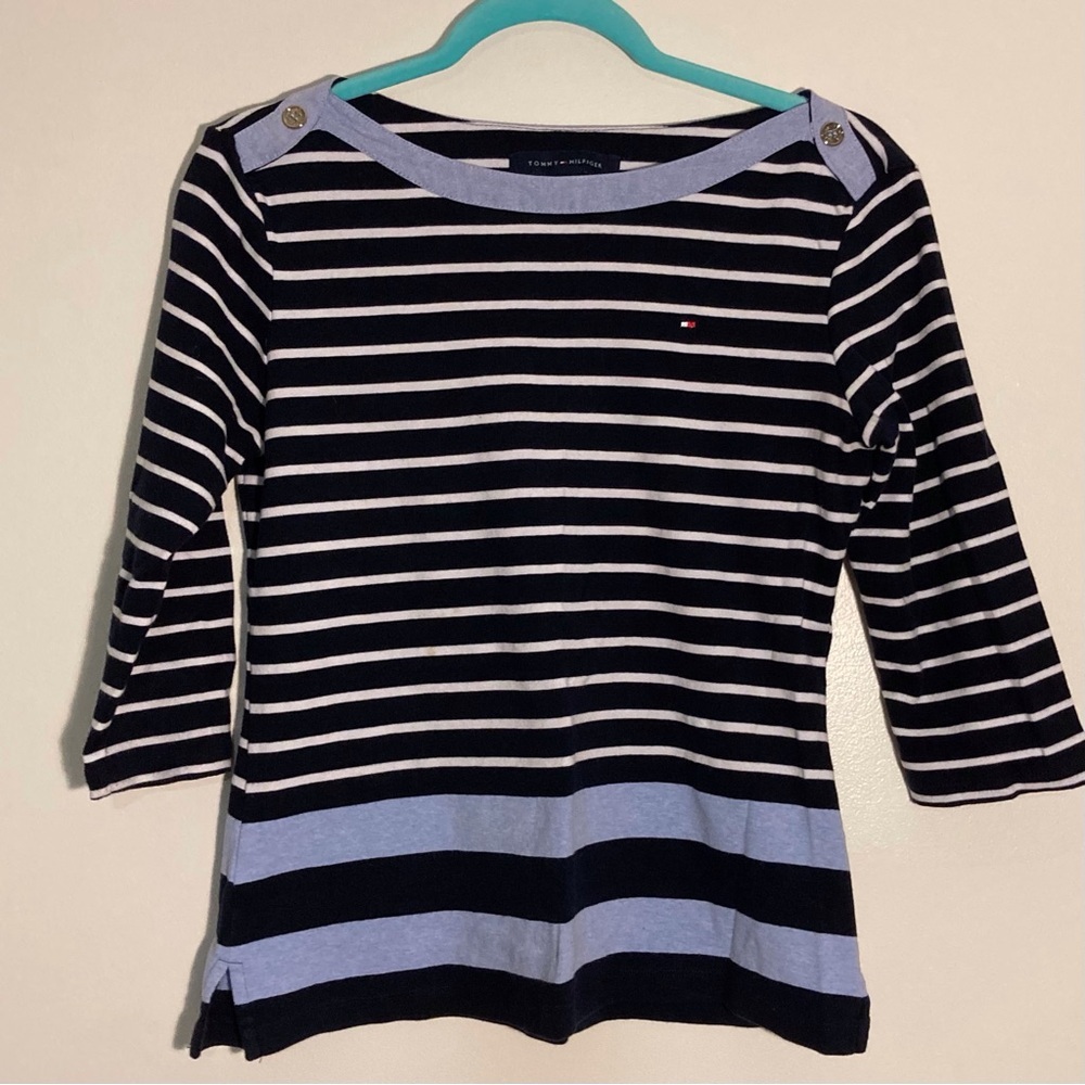 Tommy Hilfiger Navy and White Striped Knit Top with Denim Detail - Picture 1 of 9